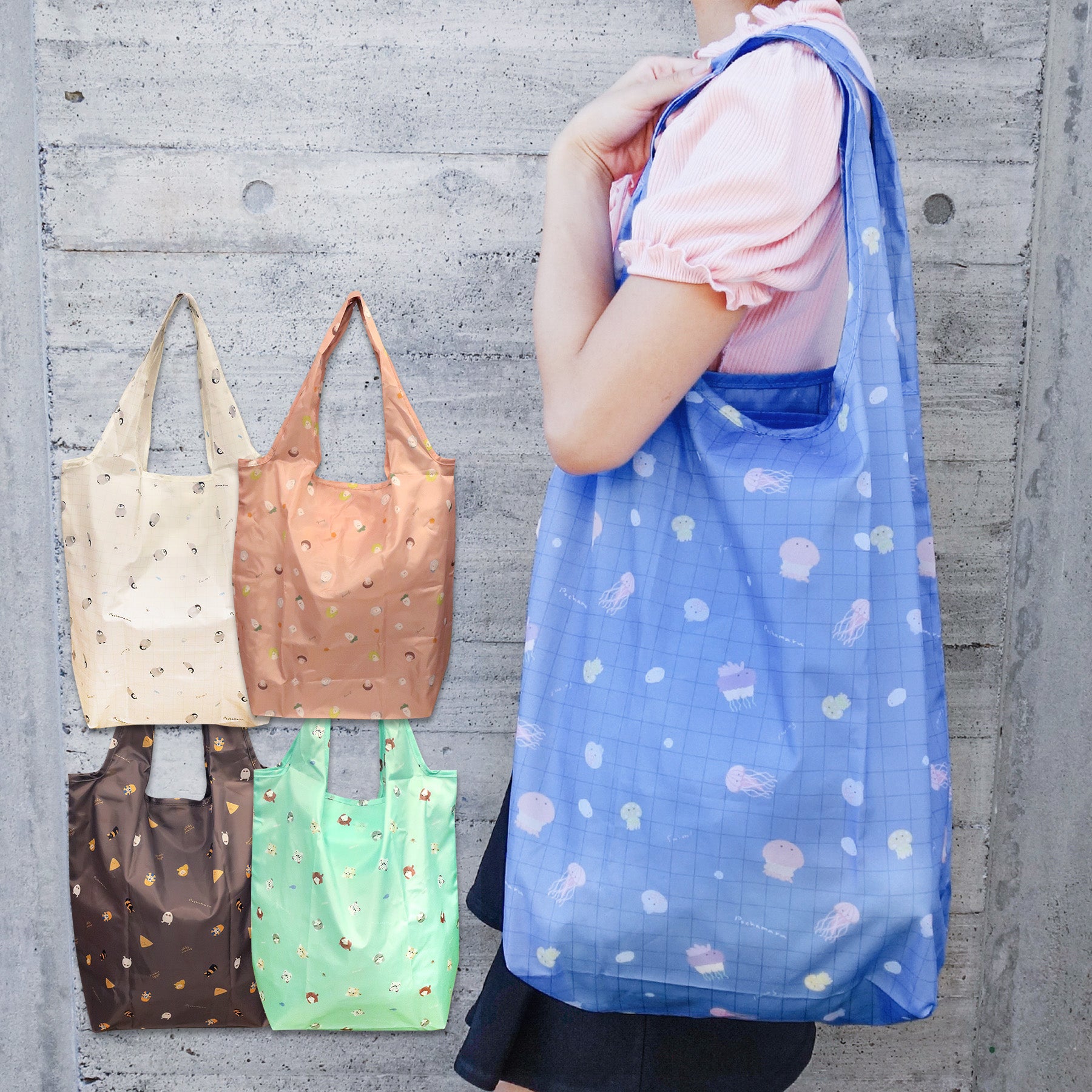 【handmade】ビッグトート&丸型エコバッグのセット ぽちゃまる エコバッグ【クラゲ/エジプト/マヌルネコ/ペンギン/おなべ